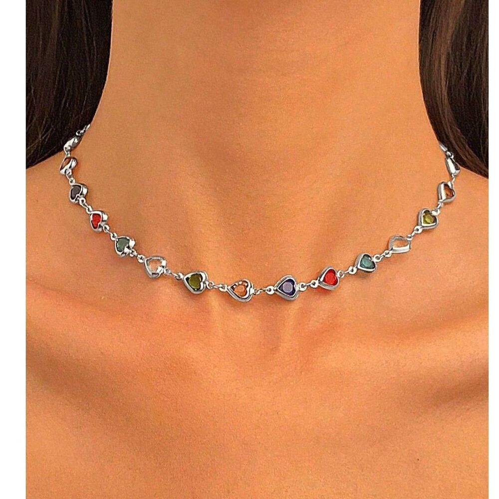 Heart Rhinestone Silver Necklace Multi Gemstone Choker Collar Chain Crystal New